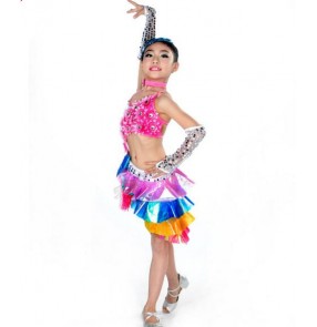 Rainbow multi colored paillette performance girls kids children competition latin dance dresses sets